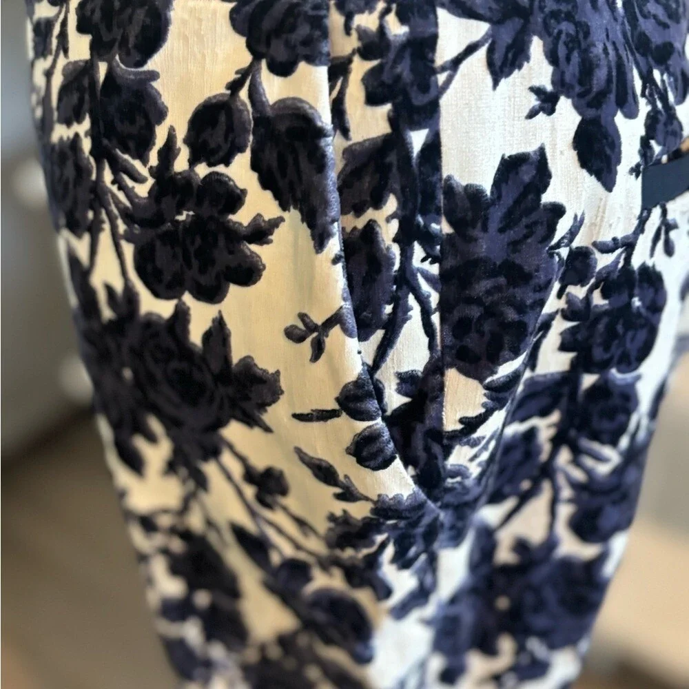 Tory Burch Floral Velvet Burnout Trousers Navy Cream Devore Slim Leg Pants